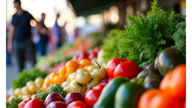 Vibrant display of fresh, local produce at an Atlanta farmers market, with people browsing in the background.
