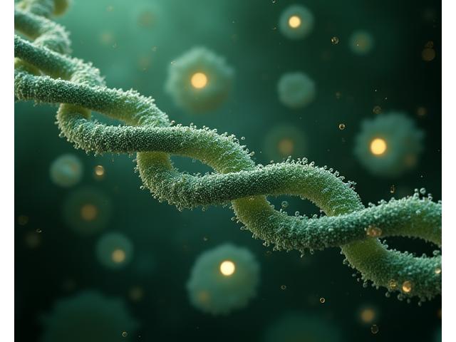 Microscopic view of diverse gut bacteria with scientific data overlays, representing comprehensive stool testing for microbiome analysis. High-tech, clean aesthetic.